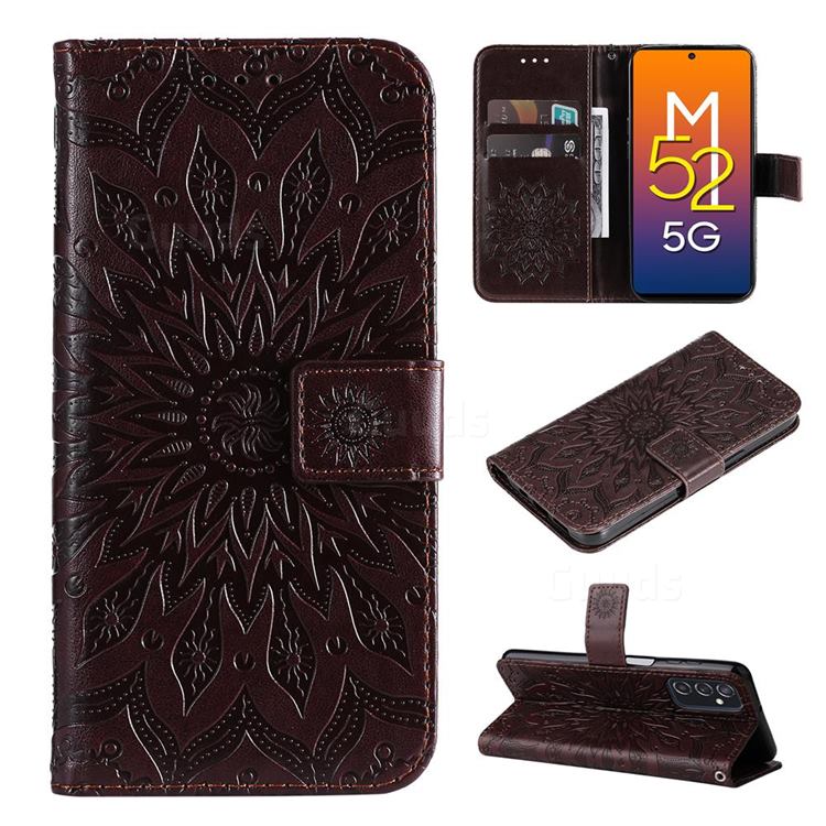 Embossing Sunflower Leather Wallet Case for Samsung Galaxy M52 5G - Brown