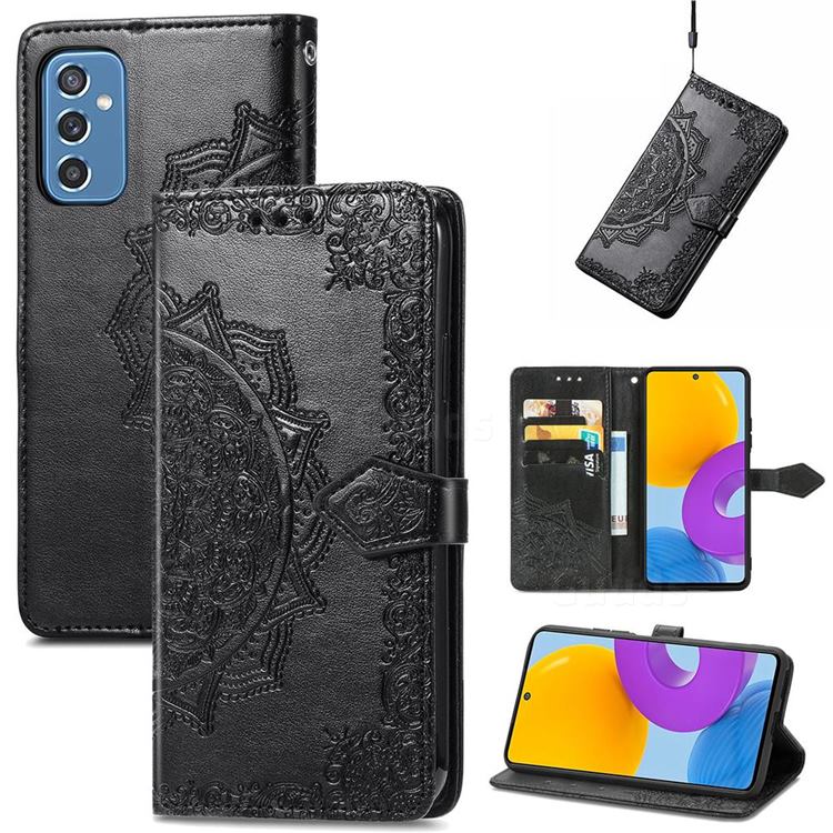 Embossing Imprint Mandala Flower Leather Wallet Case for Samsung Galaxy M52 5G - Black