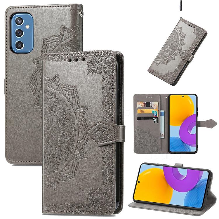 Embossing Imprint Mandala Flower Leather Wallet Case for Samsung Galaxy M52 5G - Gray