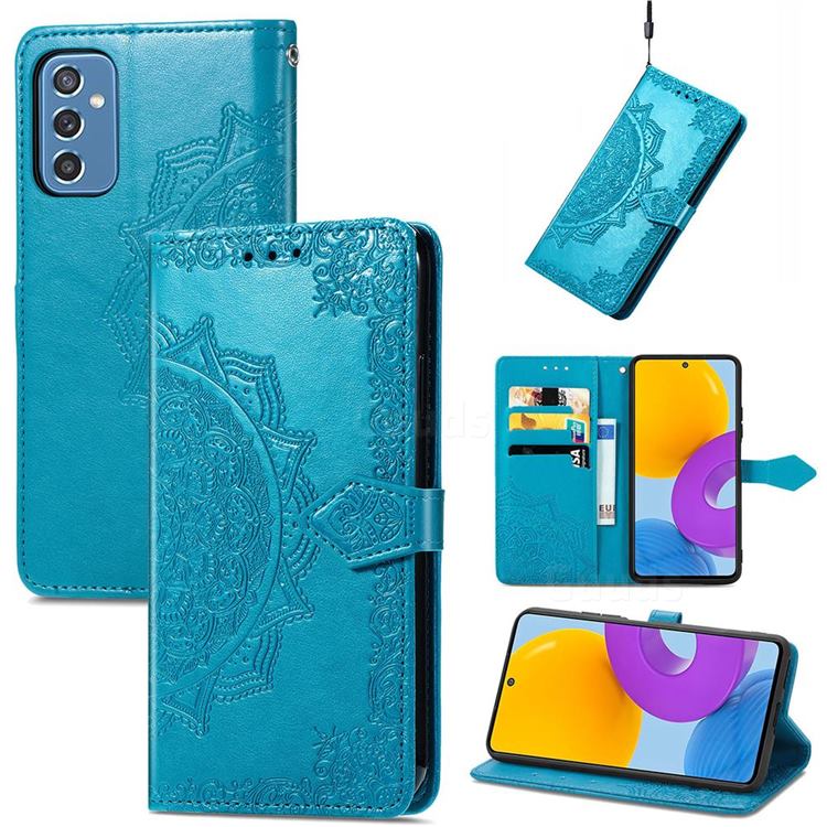 Embossing Imprint Mandala Flower Leather Wallet Case for Samsung Galaxy M52 5G - Blue