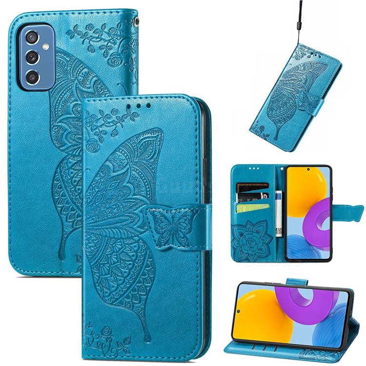 Embossing Mandala Flower Butterfly Leather Wallet Case for Samsung Galaxy M52 5G - Blue