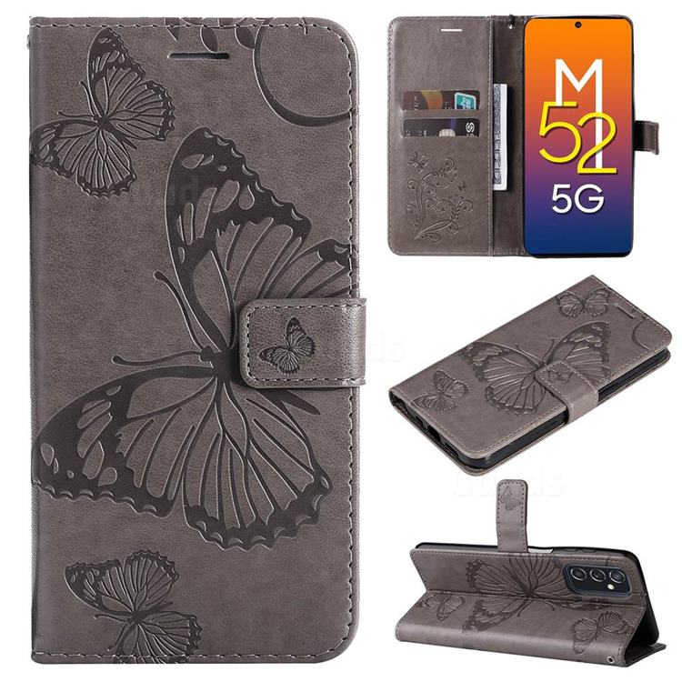 Embossing 3D Butterfly Leather Wallet Case for Samsung Galaxy M52 5G - Gray