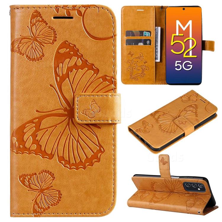 Embossing 3D Butterfly Leather Wallet Case for Samsung Galaxy M52 5G - Yellow