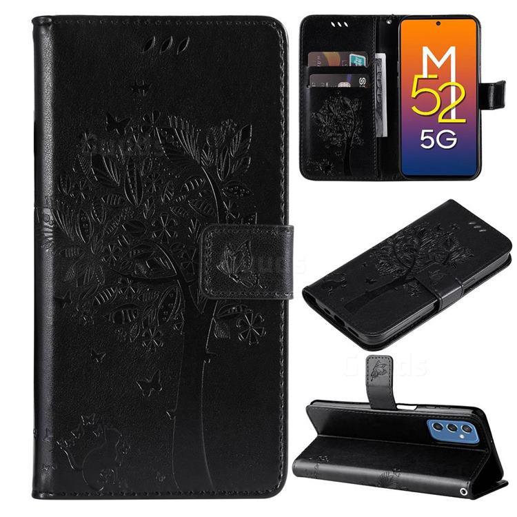 Embossing Butterfly Tree Leather Wallet Case for Samsung Galaxy M52 5G - Black