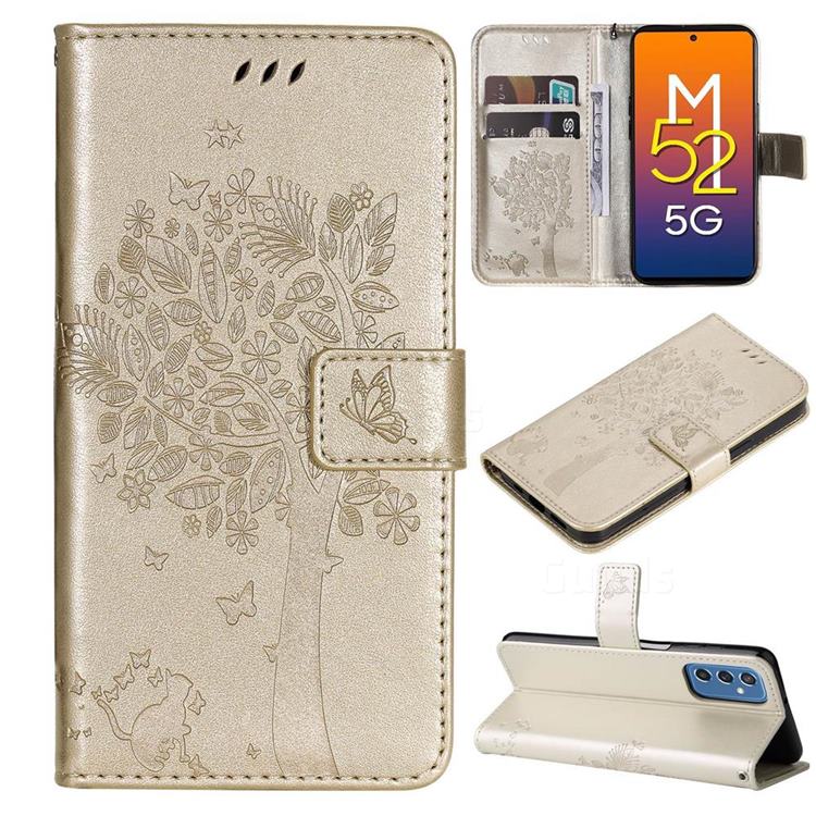 Embossing Butterfly Tree Leather Wallet Case for Samsung Galaxy M52 5G - Champagne