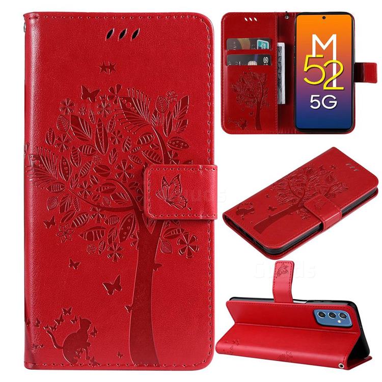 Embossing Butterfly Tree Leather Wallet Case for Samsung Galaxy M52 5G - Red