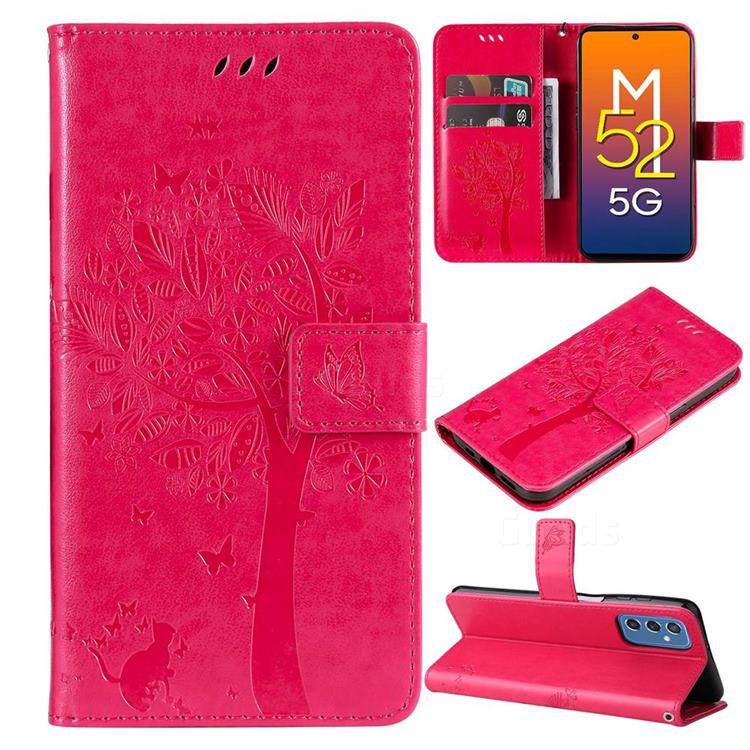 Embossing Butterfly Tree Leather Wallet Case for Samsung Galaxy M52 5G - Rose
