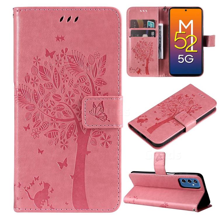 Embossing Butterfly Tree Leather Wallet Case for Samsung Galaxy M52 5G - Pink