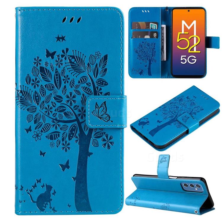 Embossing Butterfly Tree Leather Wallet Case for Samsung Galaxy M52 5G - Blue
