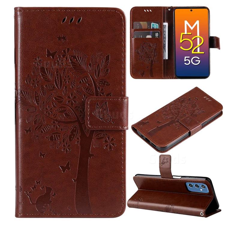 Embossing Butterfly Tree Leather Wallet Case for Samsung Galaxy M52 5G - Coffee