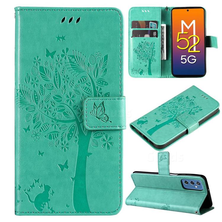 Embossing Butterfly Tree Leather Wallet Case for Samsung Galaxy M52 5G - Cyan