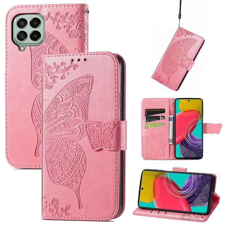 Embossing Mandala Flower Butterfly Leather Wallet Case for Samsung Galaxy M53 - Pink