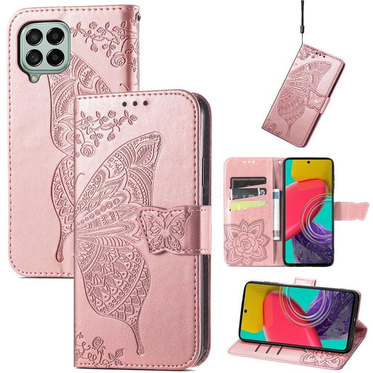 Embossing Mandala Flower Butterfly Leather Wallet Case for Samsung Galaxy M53 - Rose Gold
