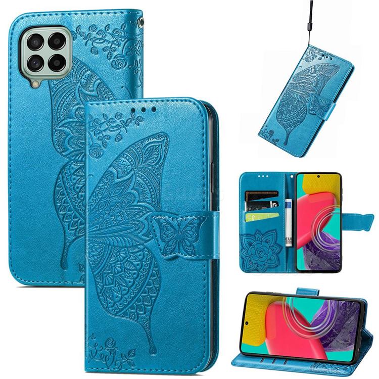 Embossing Mandala Flower Butterfly Leather Wallet Case for Samsung Galaxy M53 - Blue