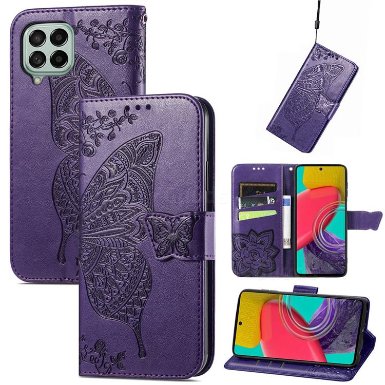Embossing Mandala Flower Butterfly Leather Wallet Case for Samsung Galaxy M53 - Dark Purple