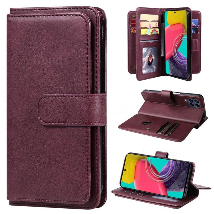 Multi-function Ten Card Slots and Photo Frame PU Leather Wallet Phone Case Cover for Samsung Galaxy M53 - Claret