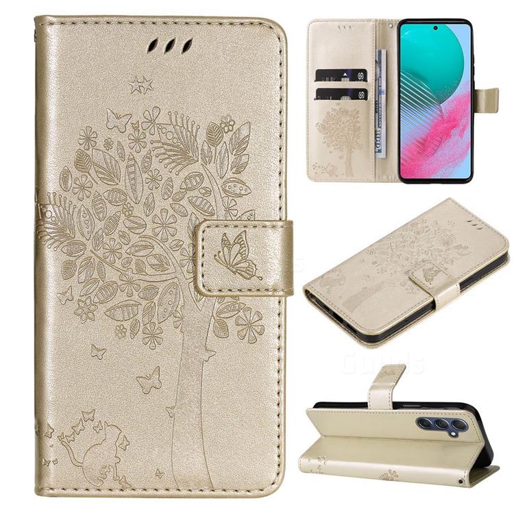 Embossing Butterfly Tree Leather Wallet Case for Samsung Galaxy M54 - Champagne