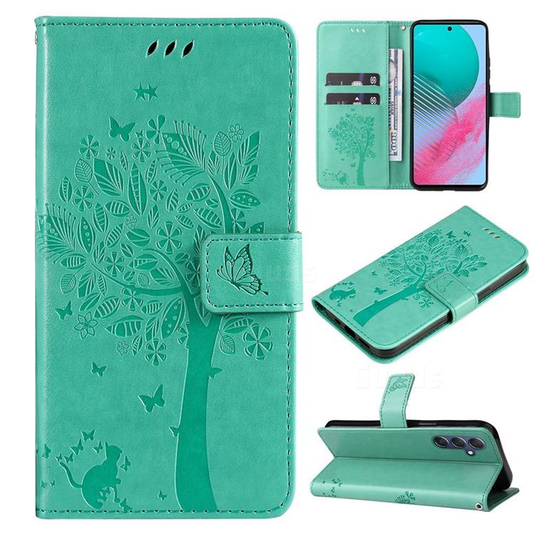 Embossing Butterfly Tree Leather Wallet Case for Samsung Galaxy M54 - Cyan