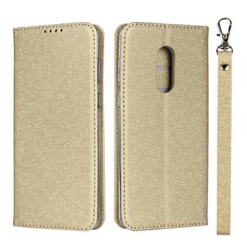 Ultra Slim Magnetic Automatic Suction Silk Lanyard Leather Flip Cover for Sharp AQUOS Zero2 SH-01M - Golden
