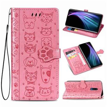 Embossing Dog Paw Kitten and Puppy Leather Wallet Case for Sharp AQUOS Zero2 SH-01M - Pink