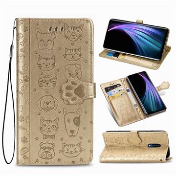 Embossing Dog Paw Kitten and Puppy Leather Wallet Case for Sharp AQUOS Zero2 SH-01M - Champagne Gold