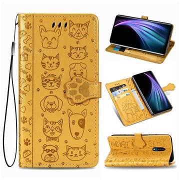 Embossing Dog Paw Kitten and Puppy Leather Wallet Case for Sharp AQUOS Zero2 SH-01M - Yellow