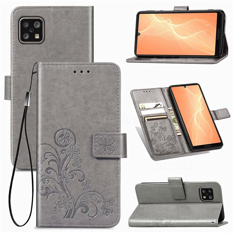 Embossing Imprint Four-Leaf Clover Leather Wallet Case for Sharp AQUOS sense4 SH-41A - Grey