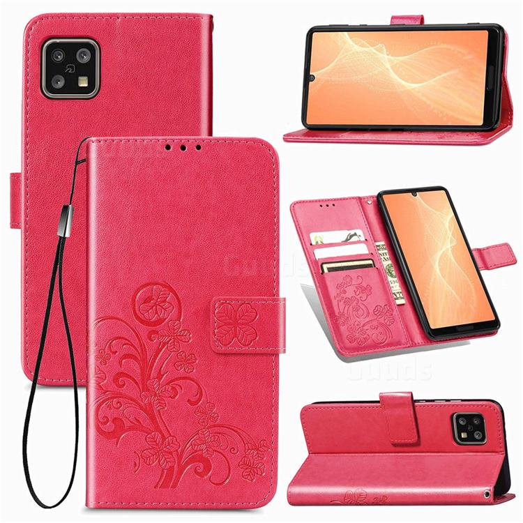 Embossing Imprint Four-Leaf Clover Leather Wallet Case for Sharp AQUOS sense4 SH-41A - Rose Red