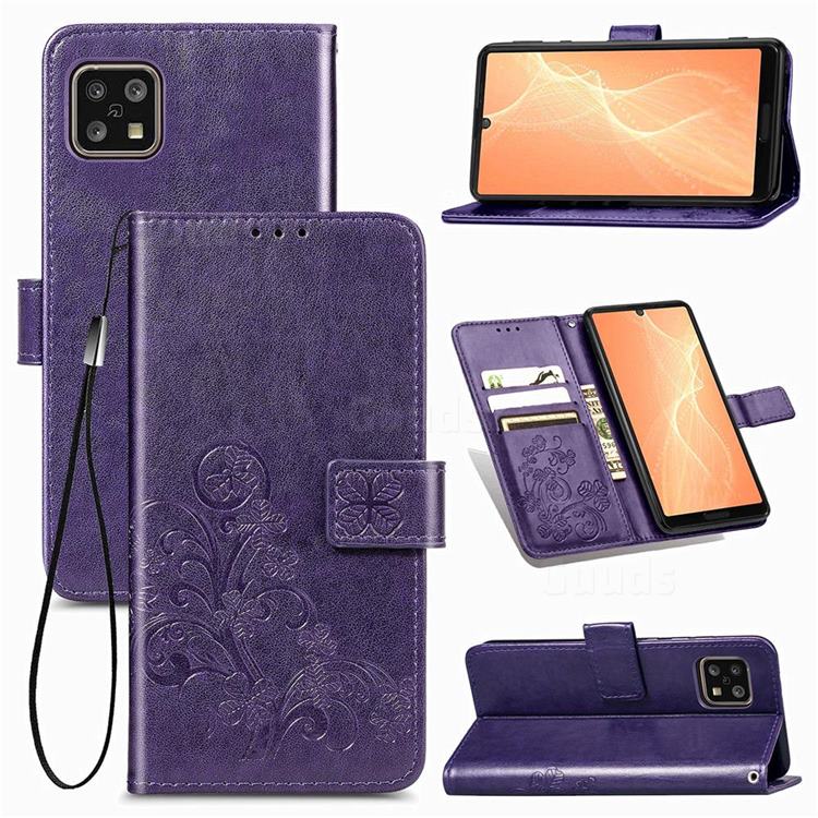 Embossing Imprint Four-Leaf Clover Leather Wallet Case for Sharp AQUOS sense4 SH-41A - Purple