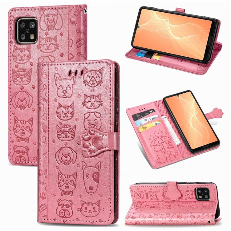 Embossing Dog Paw Kitten and Puppy Leather Wallet Case for Sharp AQUOS sense4 SH-41A - Pink