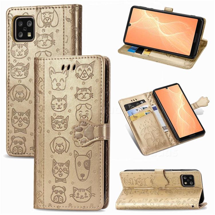 Embossing Dog Paw Kitten and Puppy Leather Wallet Case for Sharp AQUOS sense4 SH-41A - Champagne Gold