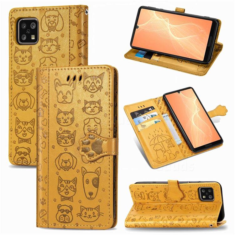 Embossing Dog Paw Kitten and Puppy Leather Wallet Case for Sharp AQUOS sense4 SH-41A - Yellow
