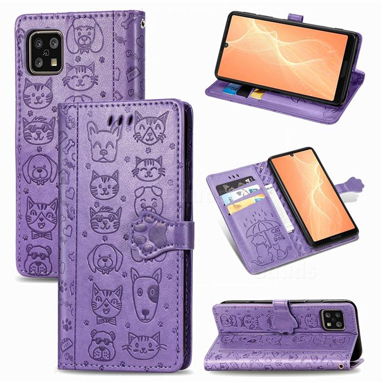 Embossing Dog Paw Kitten and Puppy Leather Wallet Case for Sharp AQUOS sense4 SH-41A - Purple
