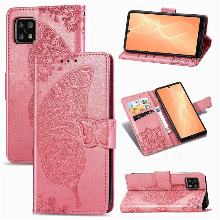 Embossing Mandala Flower Butterfly Leather Wallet Case for Sharp AQUOS sense4 SH-41A - Pink