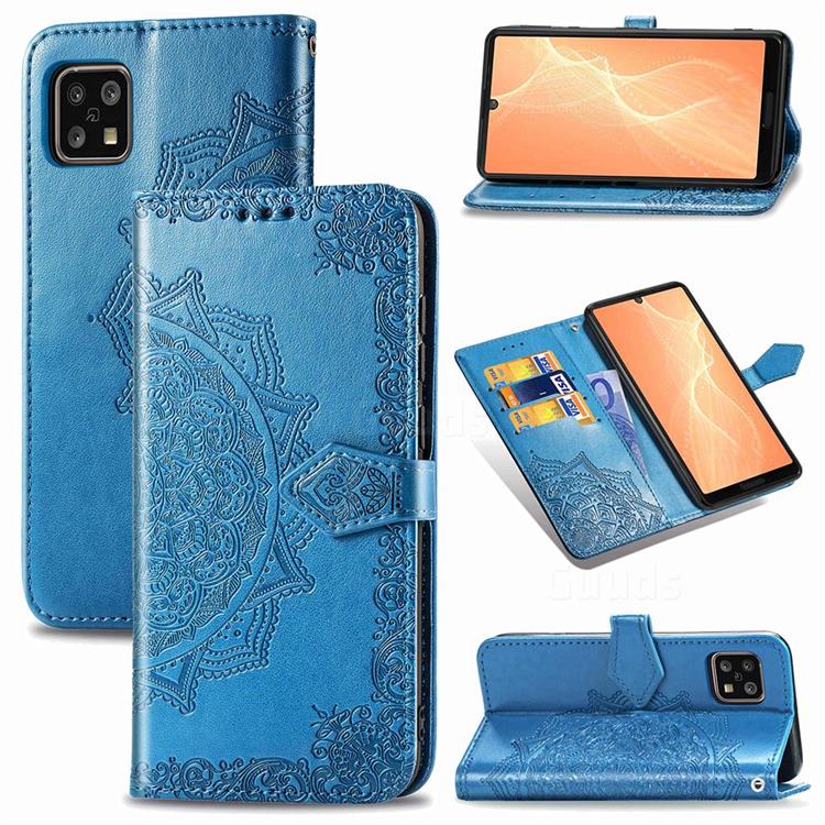 Embossing Imprint Mandala Flower Leather Wallet Case for Sharp AQUOS sense4 SH-41A - Blue