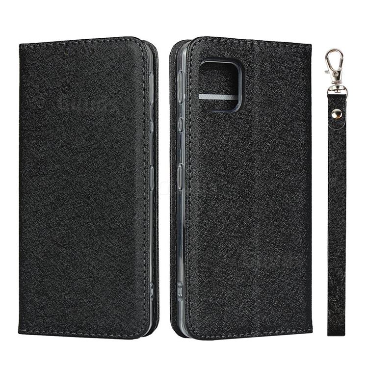 Ultra Slim Magnetic Automatic Suction Silk Lanyard Leather Flip Cover for Sharp AQUOS sense4 SH-41A - Black