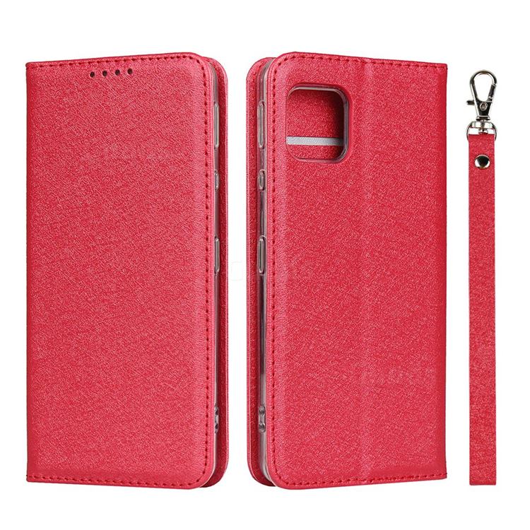 Ultra Slim Magnetic Automatic Suction Silk Lanyard Leather Flip Cover for Sharp AQUOS sense4 SH-41A - Red