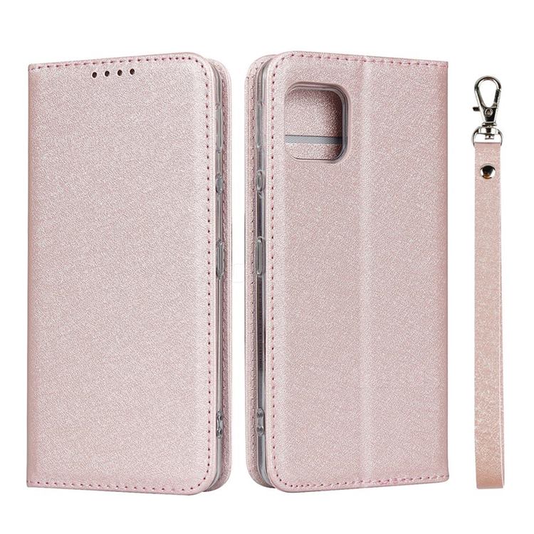Ultra Slim Magnetic Automatic Suction Silk Lanyard Leather Flip Cover for Sharp AQUOS sense4 SH-41A - Rose Gold