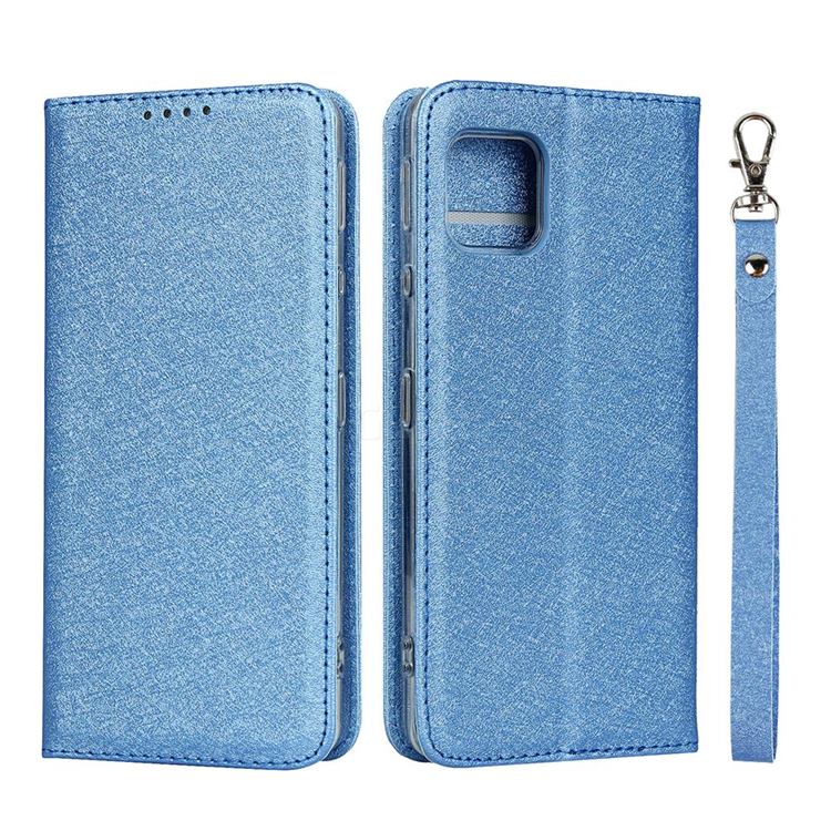 Ultra Slim Magnetic Automatic Suction Silk Lanyard Leather Flip Cover for Sharp AQUOS sense4 SH-41A - Sky Blue
