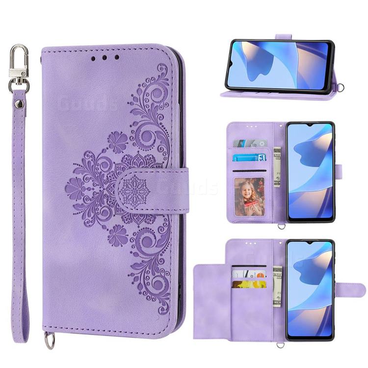 Skin Feel Embossed Lace Flower Multiple Card Slots Leather Wallet Phone Case for Sharp AQUOS sense4 SH-41A - Purple