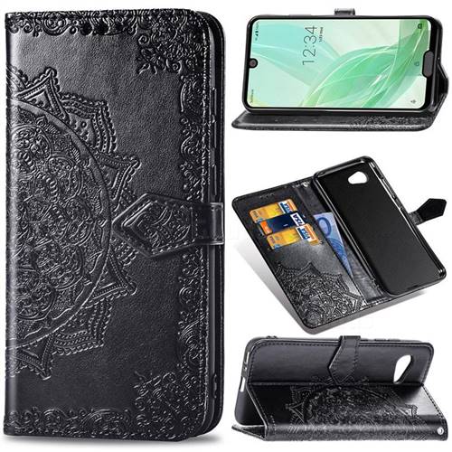 Embossing Imprint Mandala Flower Leather Wallet Case for Sharp Aquos R2 Compact - Black