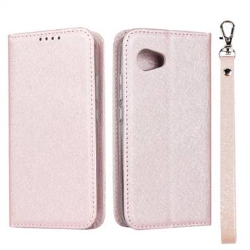 Ultra Slim Magnetic Automatic Suction Silk Lanyard Leather Flip Cover for Sharp Aquos R2 Compact - Rose Gold
