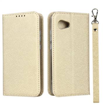 Ultra Slim Magnetic Automatic Suction Silk Lanyard Leather Flip Cover for Sharp Aquos R2 Compact - Golden