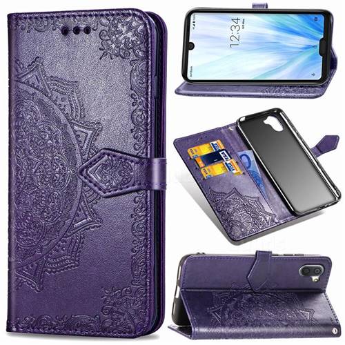 Embossing Imprint Mandala Flower Leather Wallet Case for Sharp AQUOS R3 SHV44 - Purple