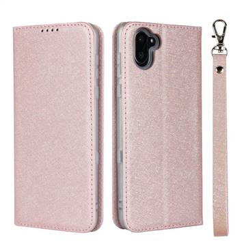 Ultra Slim Magnetic Automatic Suction Silk Lanyard Leather Flip Cover for Sharp AQUOS R3 SHV44 - Rose Gold