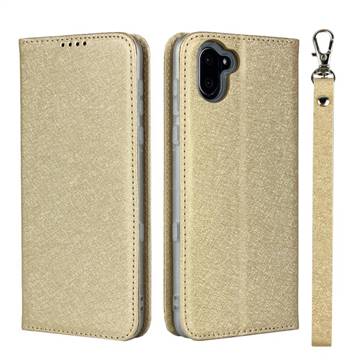 Ultra Slim Magnetic Automatic Suction Silk Lanyard Leather Flip Cover for Sharp AQUOS R3 SHV44 - Golden