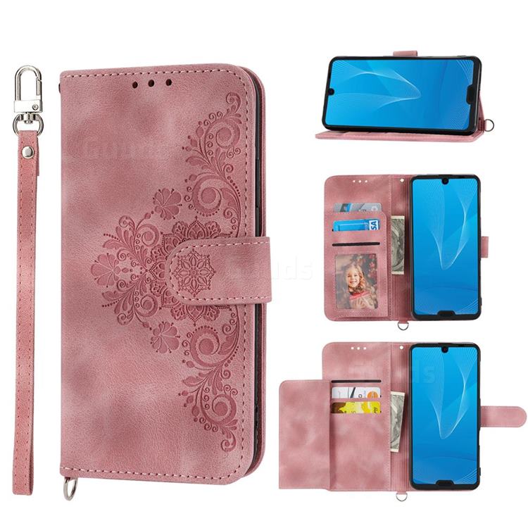 Skin Feel Embossed Lace Flower Multiple Card Slots Leather Wallet Phone Case for Sharp AQUOS R3 SHV44 - Pink