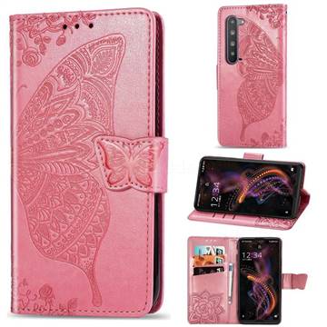 Embossing Mandala Flower Butterfly Leather Wallet Case for Sharp AQUOS R5G - Pink
