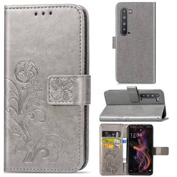Embossing Imprint Four-Leaf Clover Leather Wallet Case for Sharp AQUOS R5G - Grey