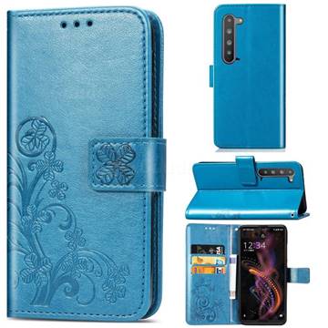 Embossing Imprint Four-Leaf Clover Leather Wallet Case for Sharp AQUOS R5G - Blue